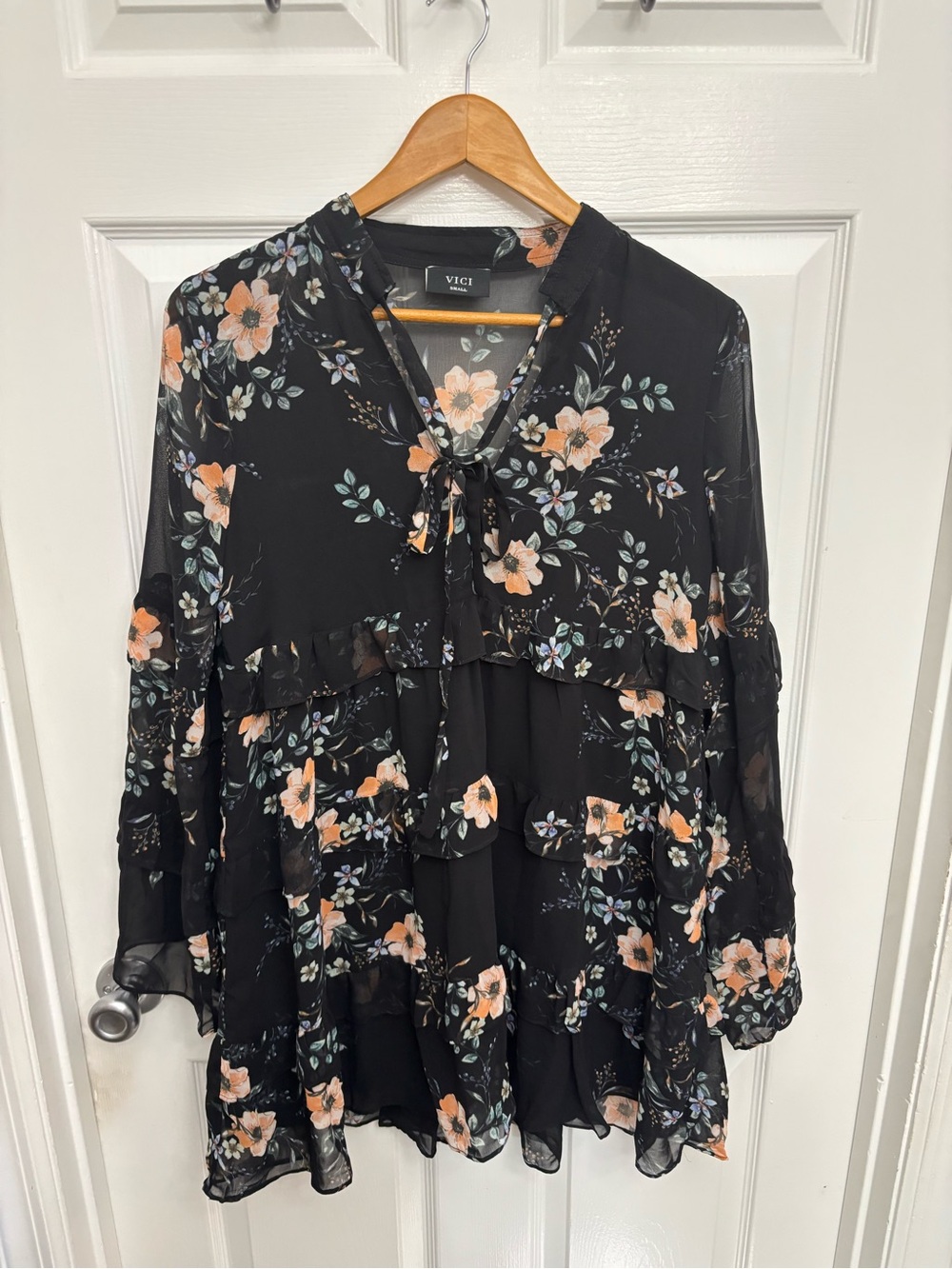 VICI Black Floral Tie-Front Boho Sheer Ruffled Mini Dress